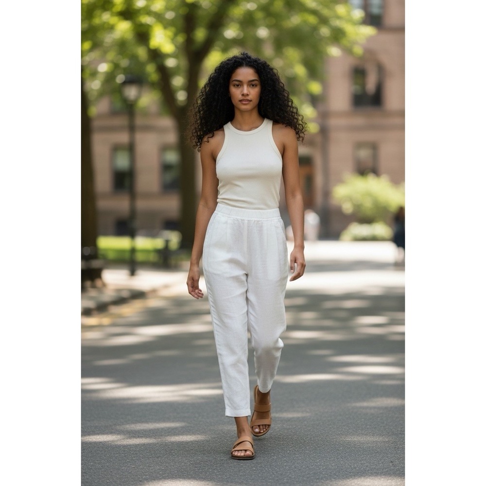 BABATON Size 8 White Cohen Linen Blend Crop Pleated‎ Front & Elastic Pants NWOT